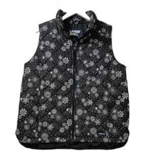 Land's End Women's Quilted Puffer Vest Black with White Snowflakes Large